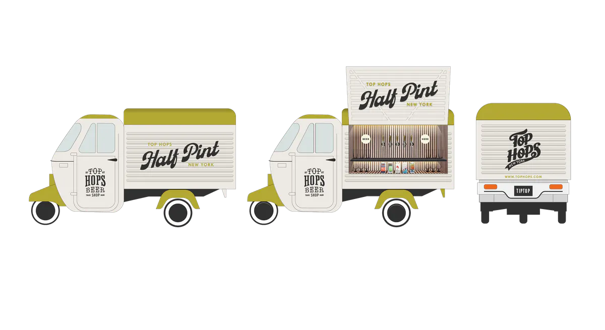 Illustrations of the Top Hops Half Pint vintage tap truck from three different angles, side view closed, side view open and rear view.