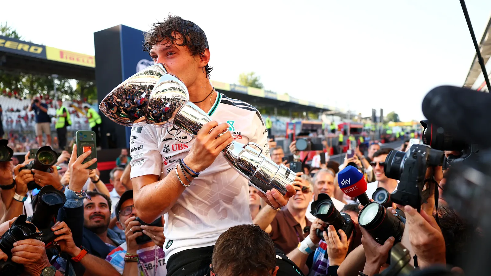 MONZA, ITALY - SEPTEMBER 06: Race winner Andrea Kimi Antonelli of Italy and Mercedes AMG Petronas